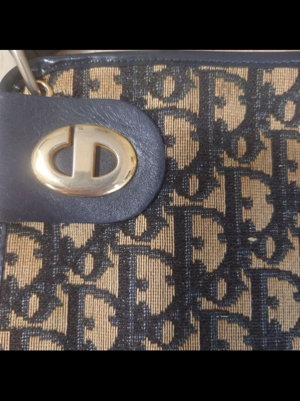 Dior Navy and Tan Oblique Canvas Shoulder Bag with Gold Hardware